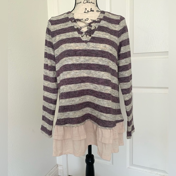 Doe & Rae Tops - 🆕 Doe & Rae Purple Striped Lace-Up Knit Tunic Top with Ruffle Hem